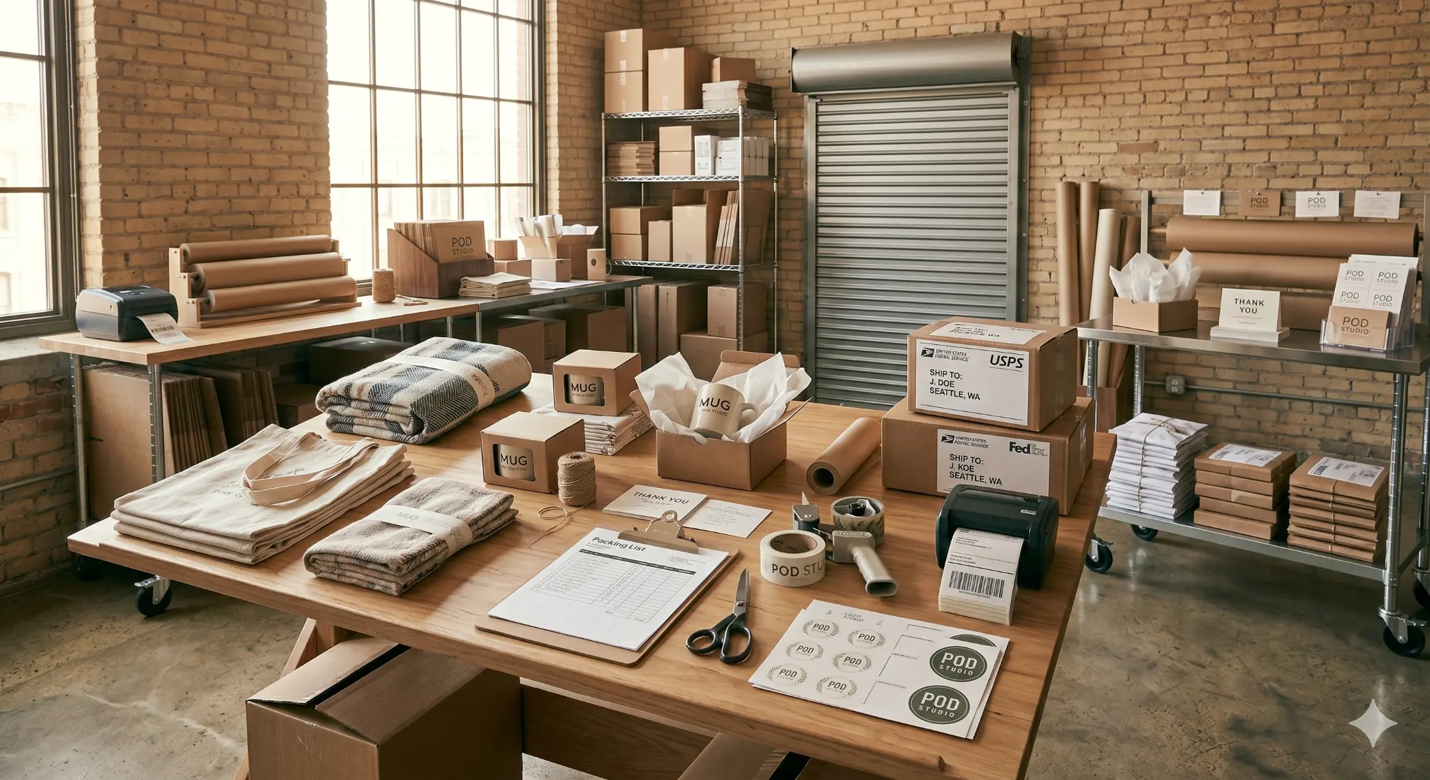 Warmth & Story shipping and packing area with boxes, packaging materials, and finished products