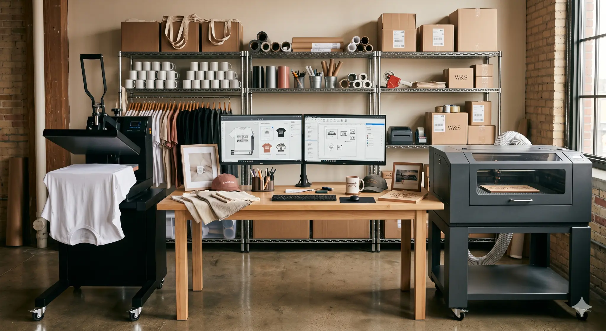Warmth & Story main production workspace with heat press, printer, and design monitors